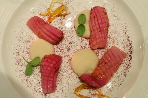 Squid marinated in beetroot juice
