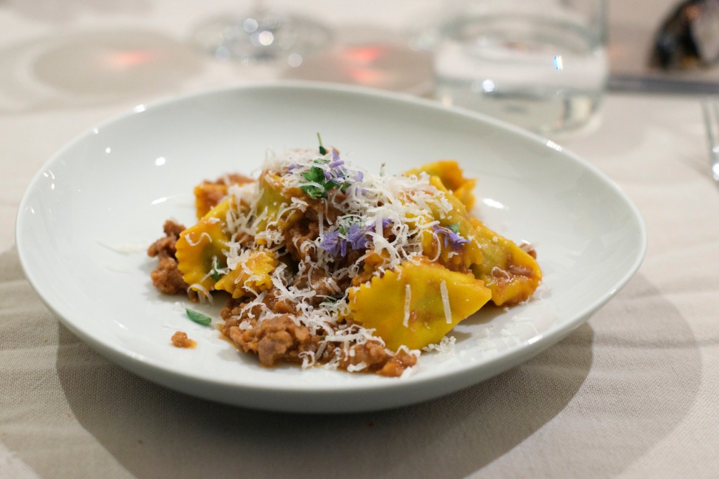 Plin is a local specialty - here it was ravioli filled and tossed with a mix of rabbit, veal and pork. The purple flowers are from the rosemary plant.