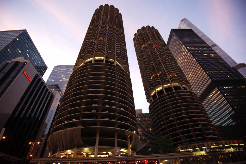 The famous Marina City towers built in 1967 with the spiraling car park