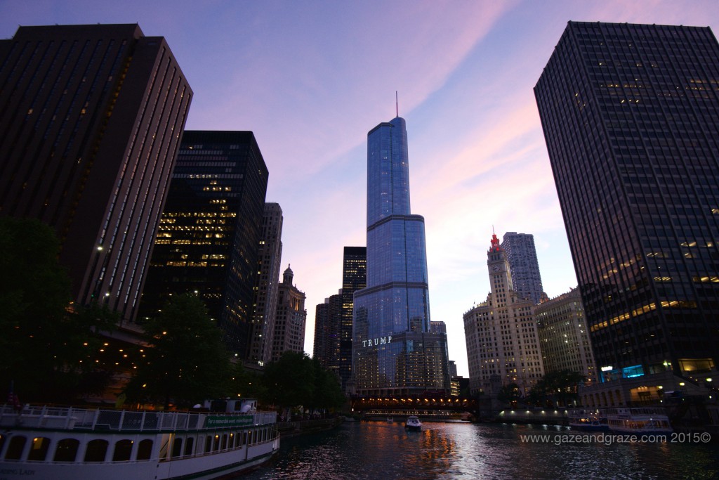 Passing the spot where we boarded the boat on the left, Trump Tower stands tall in the middle