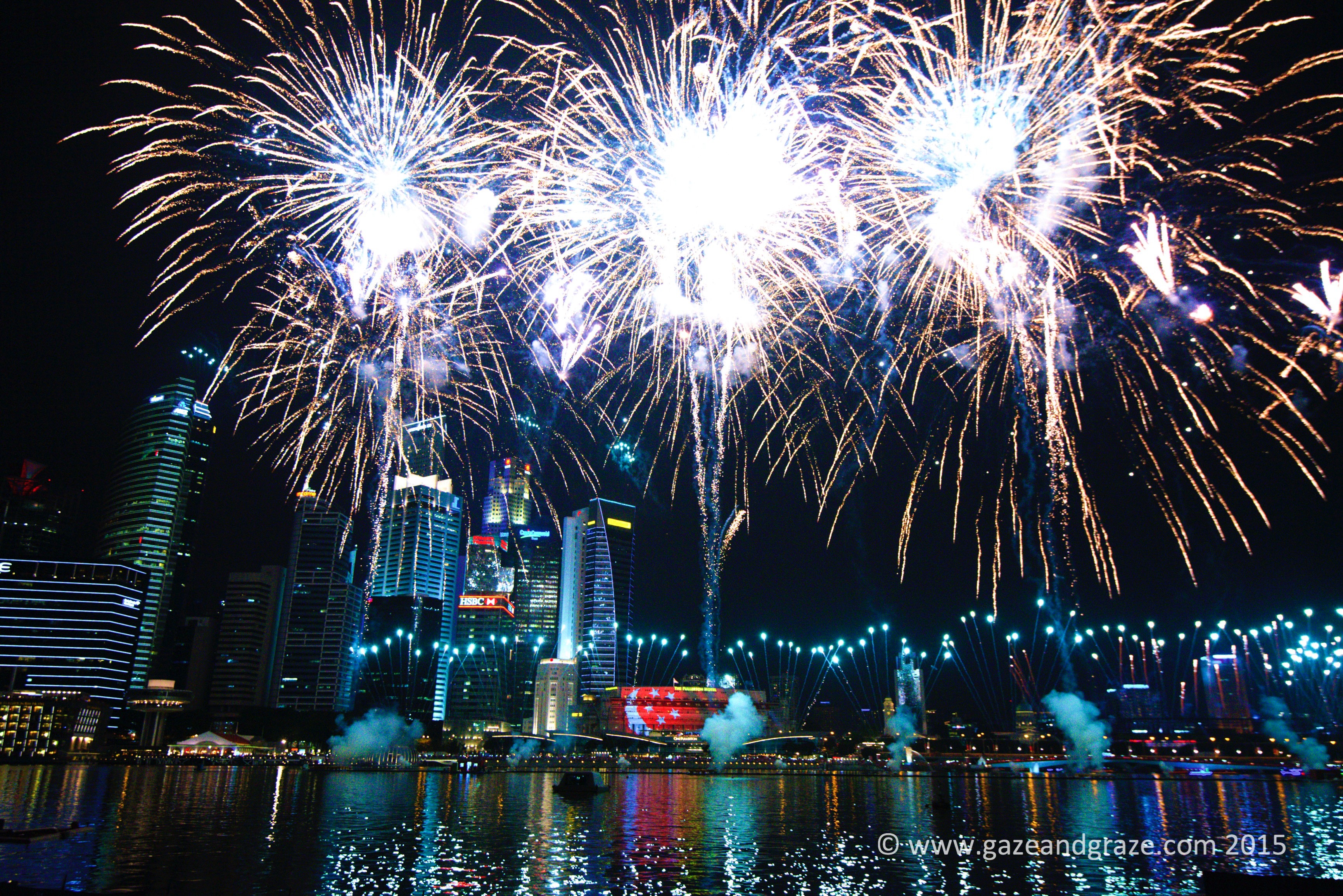 Marina Bay lit up by fireworks