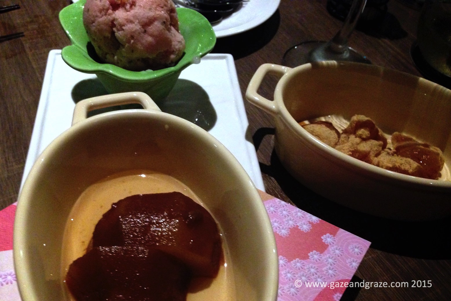 Poached pear (at bottom) with cherry blossom ice cream (top) and warabi mochi