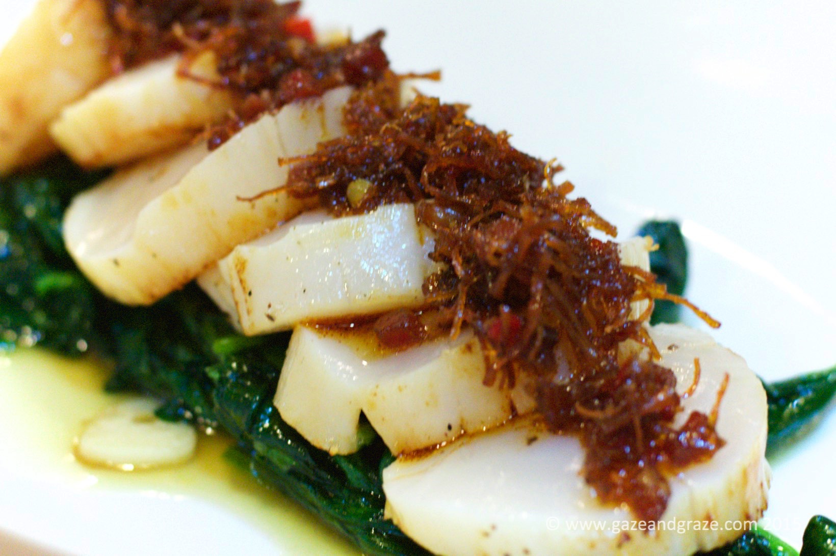 Chunks of scallop with spinach and XO sauce