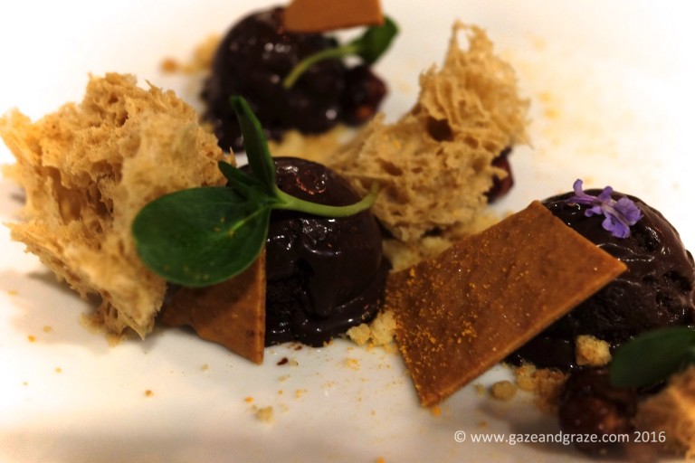 Dark Chocolate sorbet with peanut sponge and candy crumble