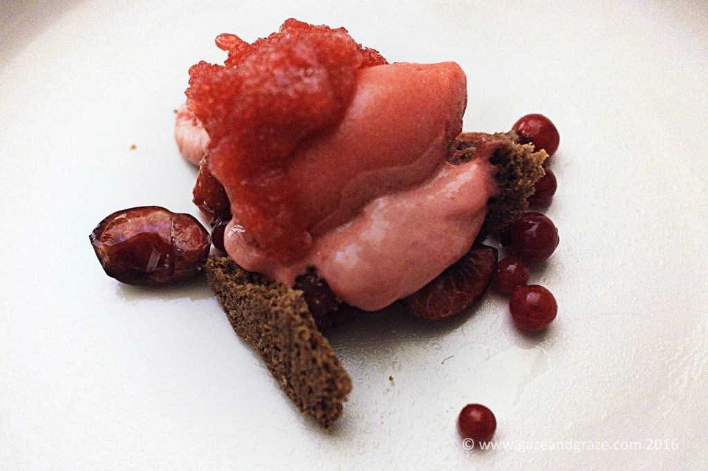 White chocolate cremeux with red berries and sorbet