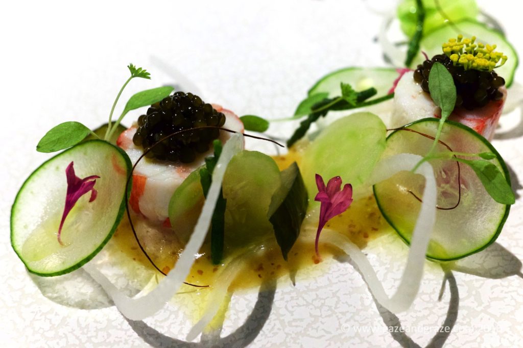 King crab, caviar and citrus with cucumber