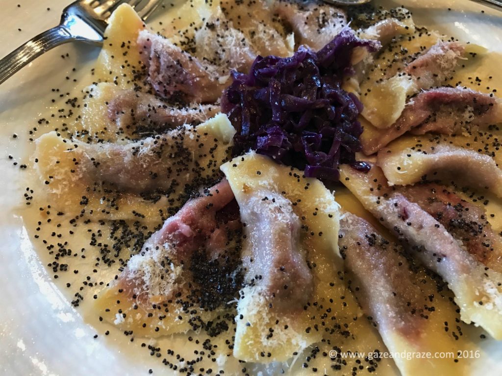 Beetroot ravioli with poppy seeds, parmesan and melted butter