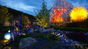 The garden's trees and glasshouse intensify in the twilight